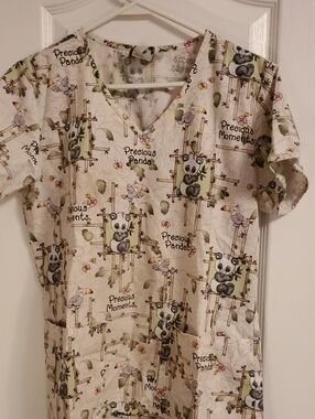 Precious Moments White Panda Print V-Neck Scrub Top